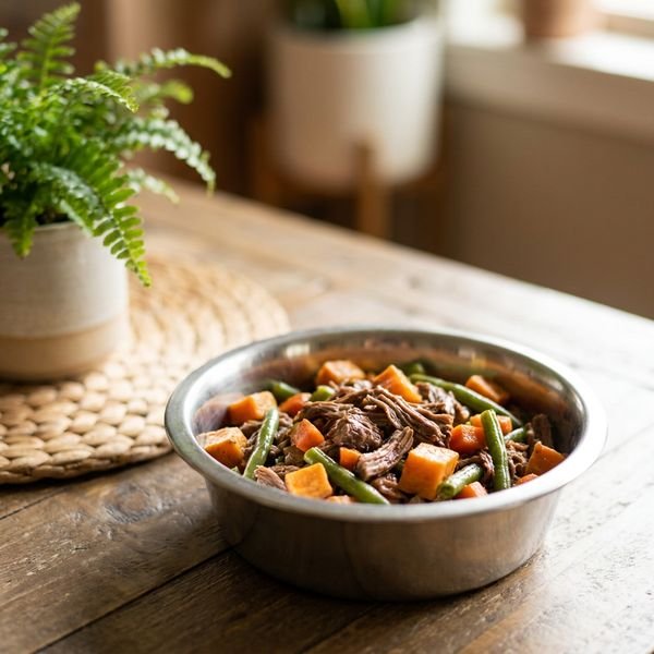 Close-up of a freshly portioned dog meal in a round stainless bowl, tender meat and vegetables glistening, soft natural light, no packaging text visible