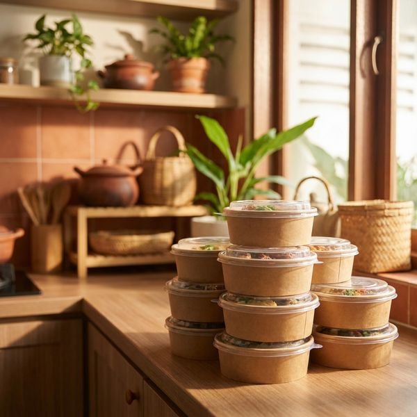 Neat stack of sealed takeaway meal containers ready for pickup on a countertop, warm tropical-toned kitchen backdrop, soft daylight, no visible labels or text