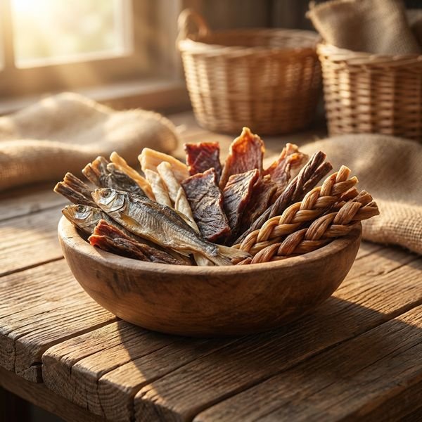 Small batch of natural dehydrated pet treats and chews stacked in a rustic wooden bowl, warm side lighting, rustic wood surface