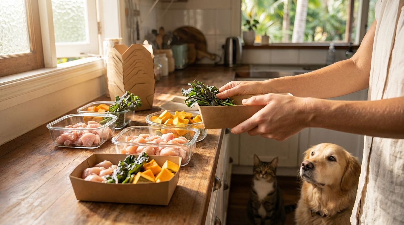 Warm, sunlit kitchen counter with fresh cuts of chicken, pumpkin, and leafy greens being portioned into takeaway containers for a homemade dog and cat meal, soft morning light, cozy family-kitchen mood
