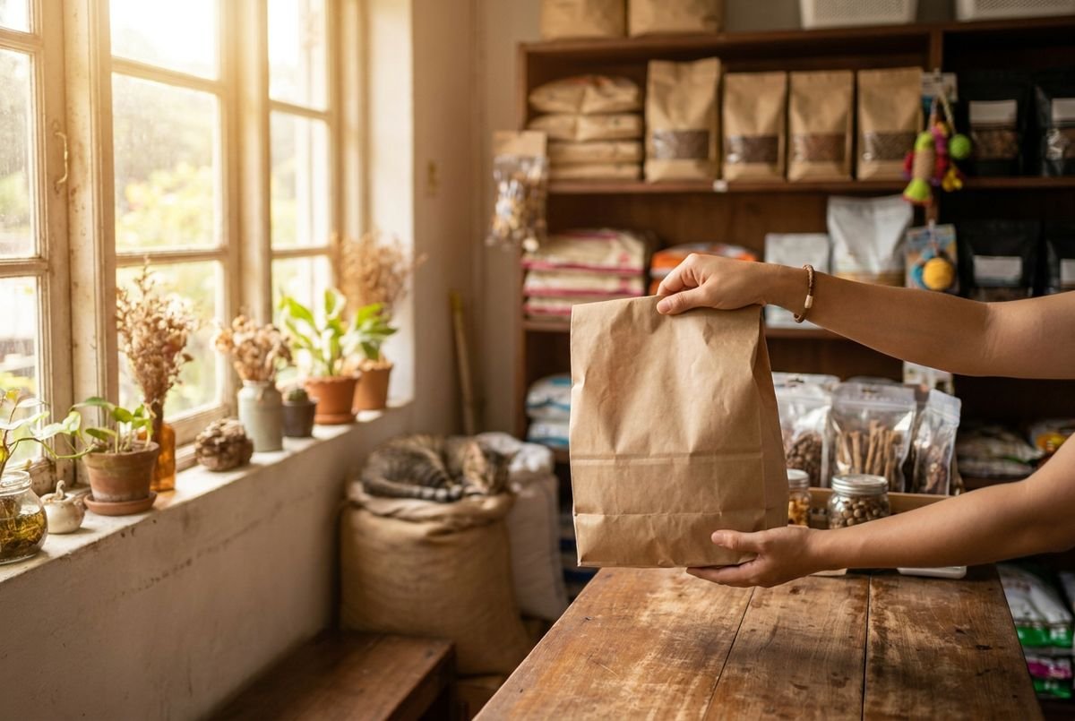 Friendly hand-off of a takeaway bag over a small counter, warm afternoon light streaming through a window, cozy neighborhood pet-food shop mood, no visible signage or text