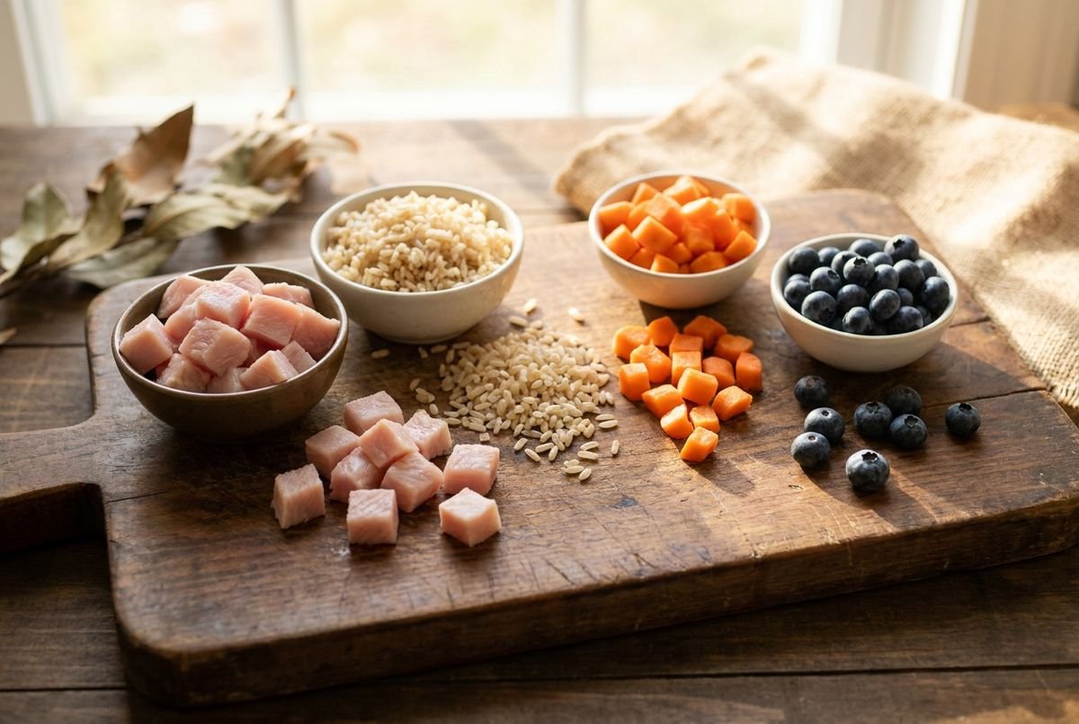 Overhead flat-lay of wholesome pet meal ingredients — diced turkey, brown rice, carrots, and blueberries arranged on a wooden board, natural daylight, appetizing and clean